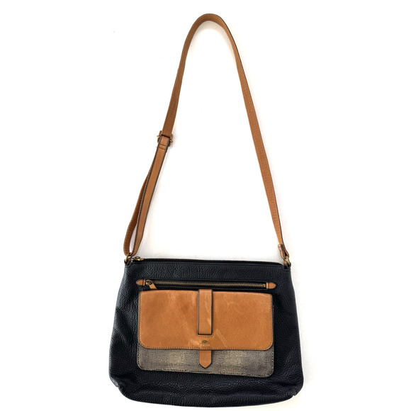 Fossil Crossbody Bag Messenger Black Tan Leather Top Zip Pockets Adjustable - Picture 1 of 16